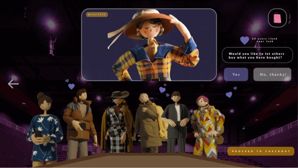 During the ramp walk, other users can appreciate the look and the main user can share the look with others to purchase